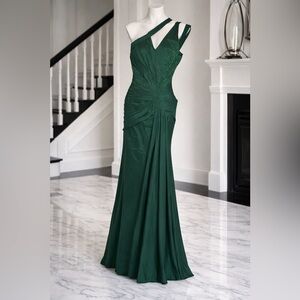 NWOT Emerald Green One Shoulder Beaded Prom Gala Dress Corset Back Sz M